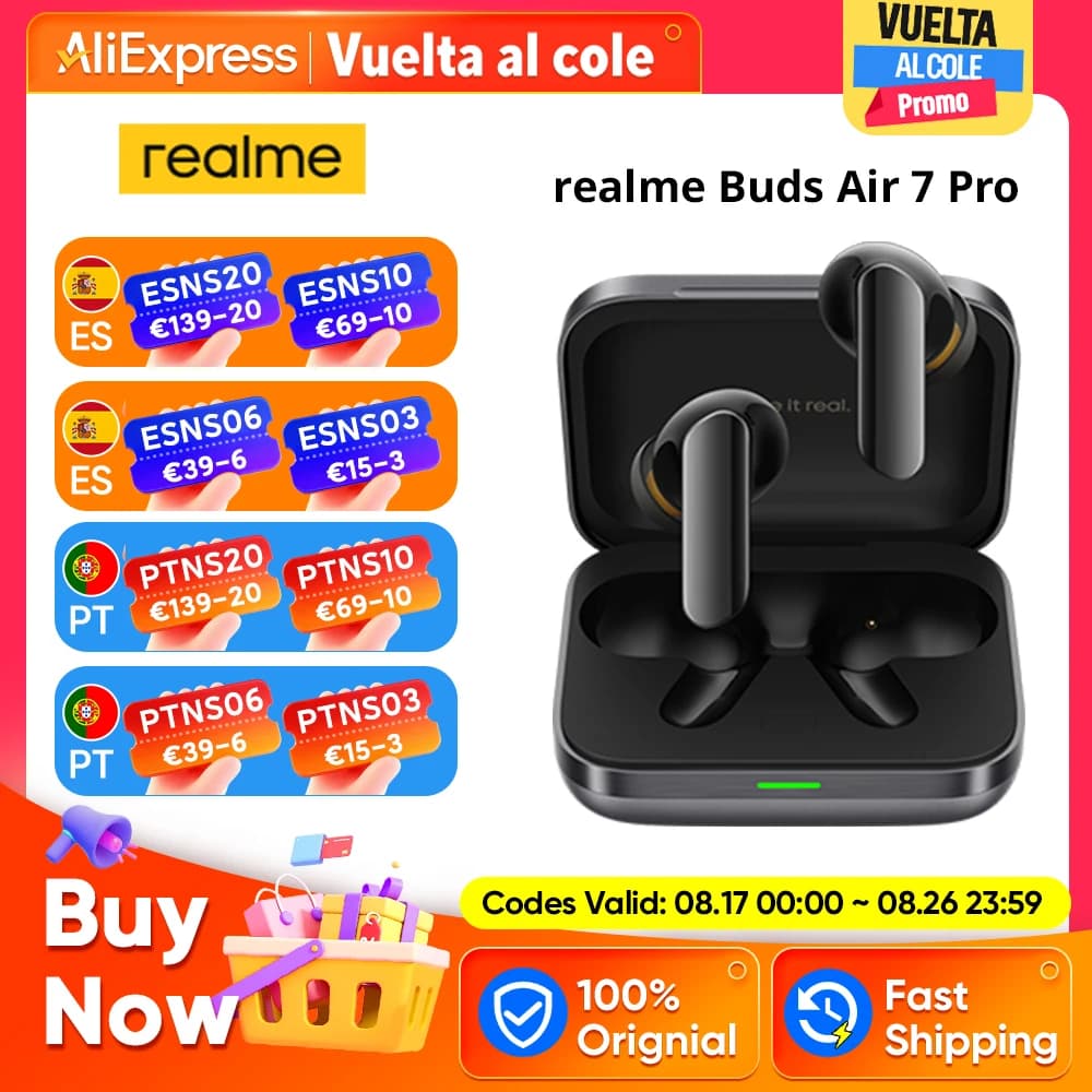 Versión Global realme Buds Air 7 Pro auricular 53dB cancelación de ruido en tiempo Real 11 + 6mm controlador Dual-DAC Al traductor en vivo