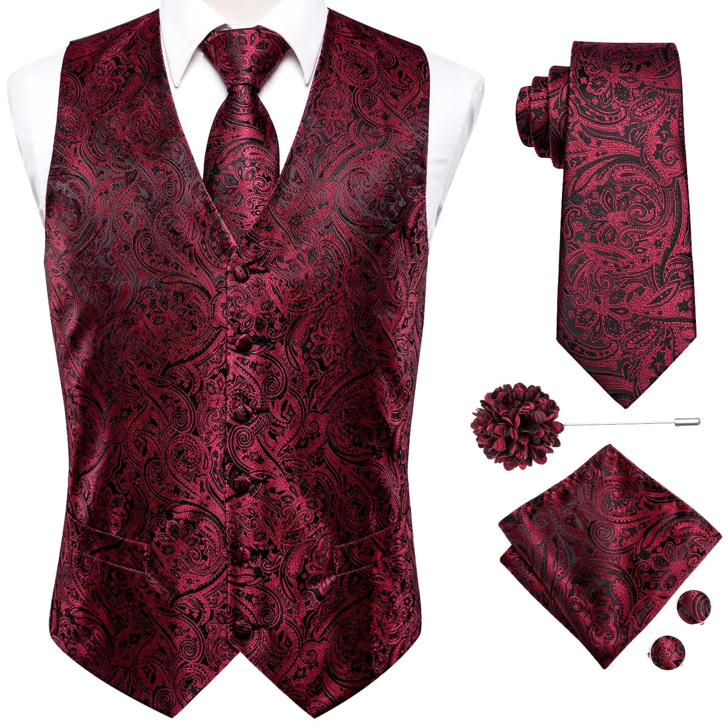 Conjunto de Chaleco Jacquard para Hombre con Corbata, Pañuelo, Gemelos y Broche para Traje, Chaqueta sin Mangas, Boda, Negocios, Fiesta