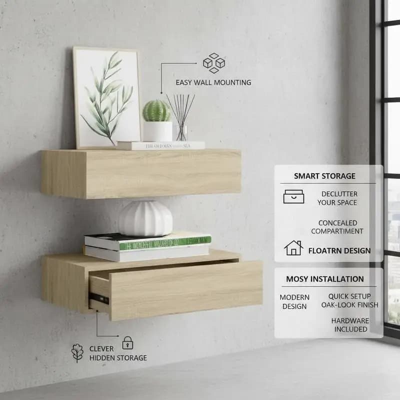 Estantes flotantes de pared con cajones, 2 unidades, roble, 40x23,5x10 cm, estructura de madera MDF, estantería de almacenamiento resistente y
