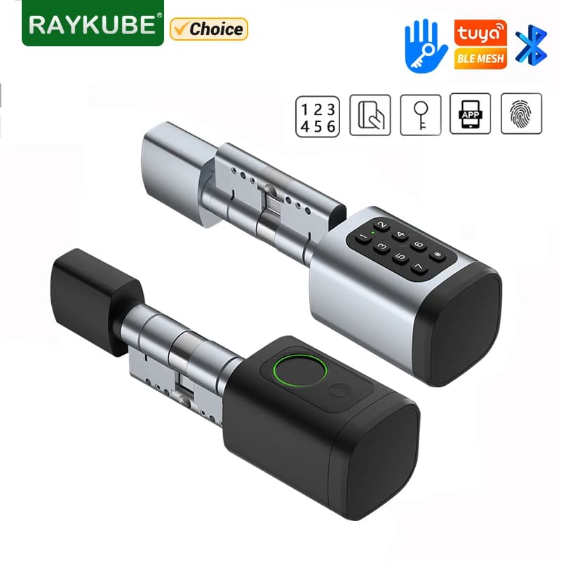 Cerradura electrónica inteligente RAYKUBE V1 Tuya BLE TT con núcleo de cilindro DIY, teclas de aplicación de huella digital, desbloqueo de tarjeta