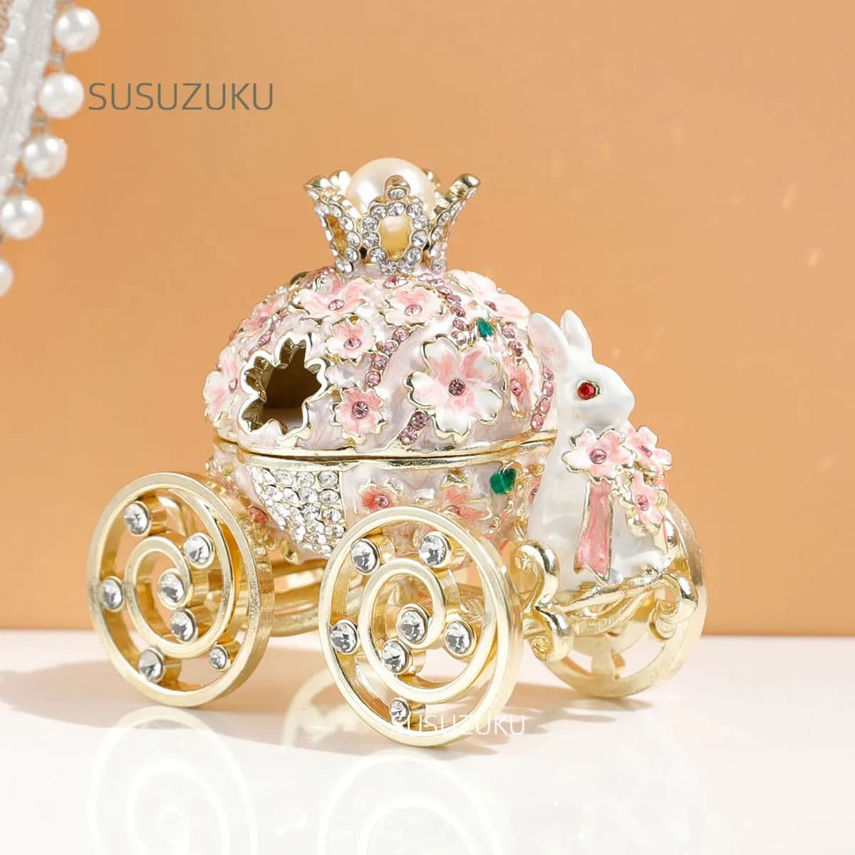 Caja para anillos de boda SIQIZHOU, caja de joyería con carro de conejo y flor de cerezo, collar, pendientes, caja para anillos, caja de joyería con