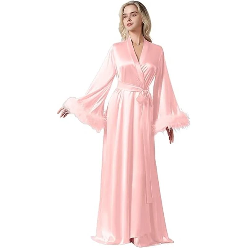 Albornoz de manga larga de plumas, Kimono Sexy de seda helada, vestido de novia para boda, ropa de dormir holgada para mujer, camisón informal