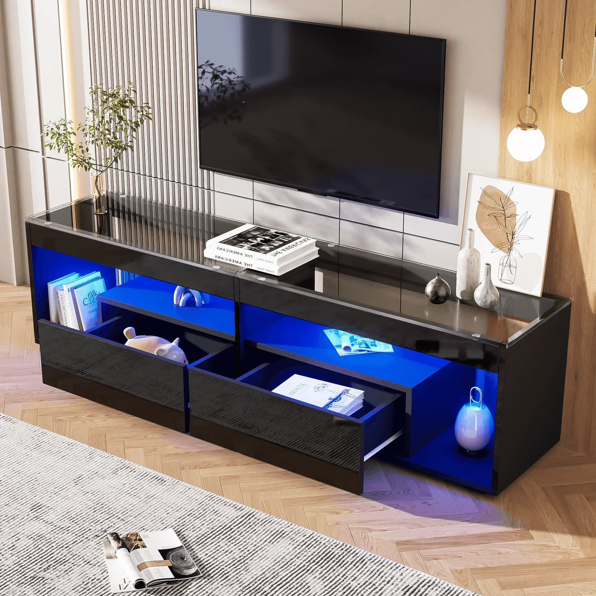 Soporte para TV LED de alto brillo, puede contener televisión de hasta 70" con 2 cajones, mesa consola para salón y dormitorio, negro
