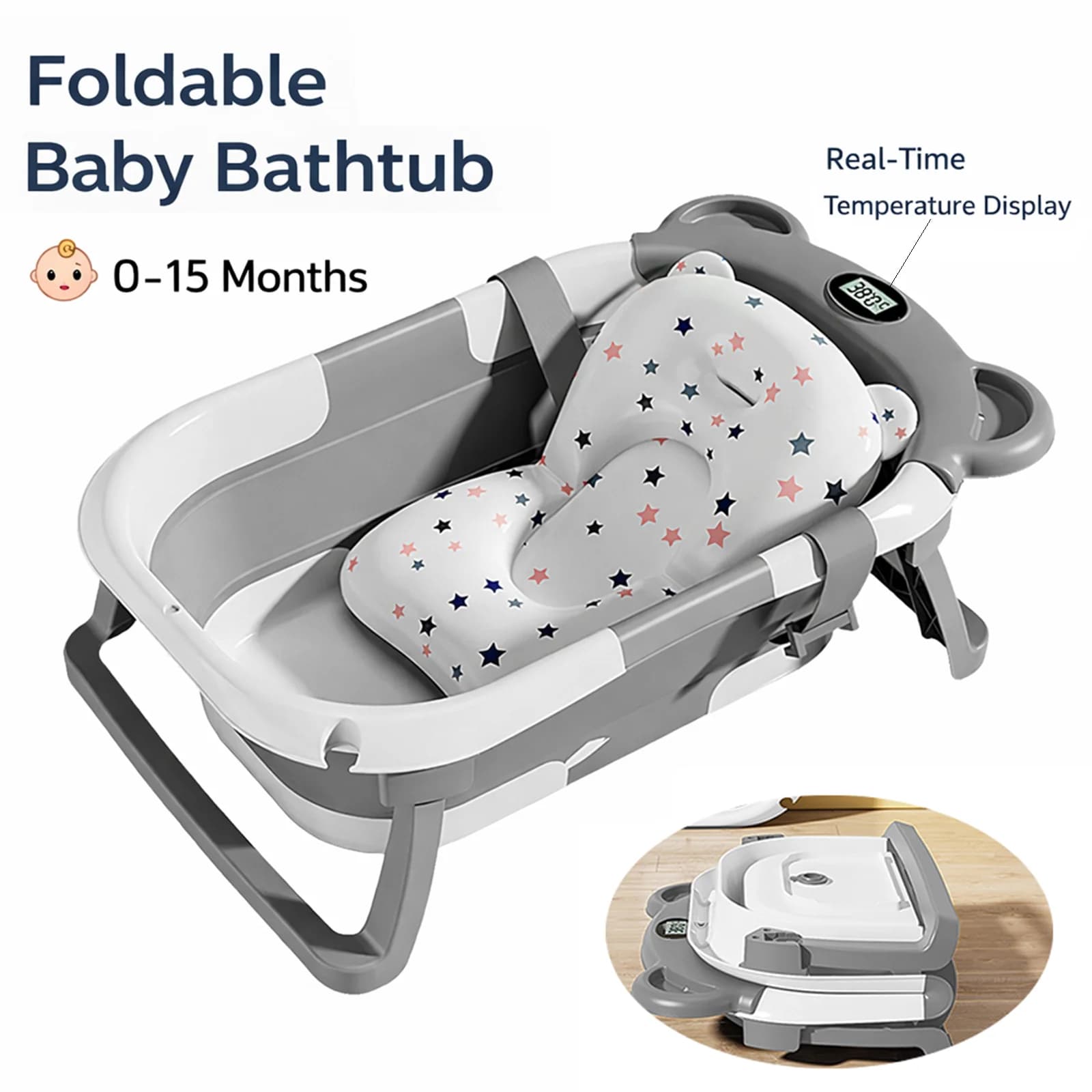 Bañera Plegable para Bebés con Termómetro, Alfombrilla Antideslizante, Cojín de Soporte, Bañera Portátil para Recién Nacidos de 0 a 15 Meses,