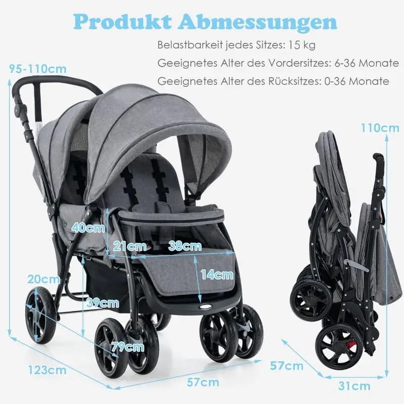 Cochecito plegable para hermanos gemelos, cochecito doble, cochecito gemelar, cochecito plegable gris transpirable para perros pequeños, gatos,