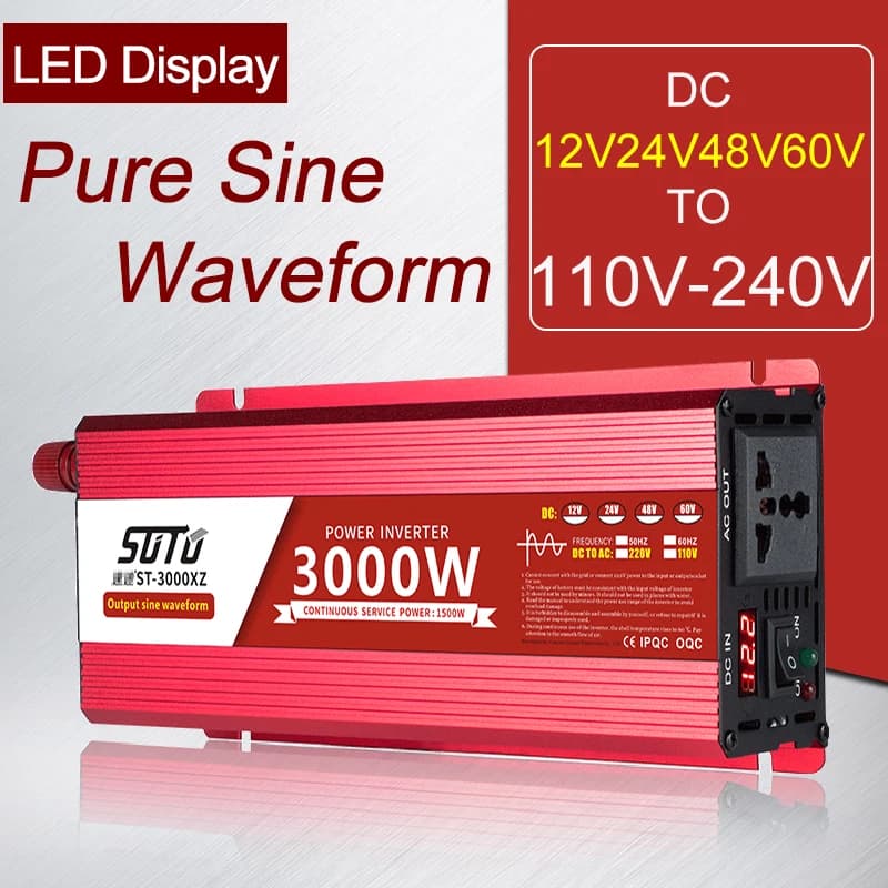 Inversor de onda sinusoidal pura de 12V/24V a 220V, 1000W/2200W/3000W, convertidor de voltaje CC a CA, fuente de alimentación para automóvil