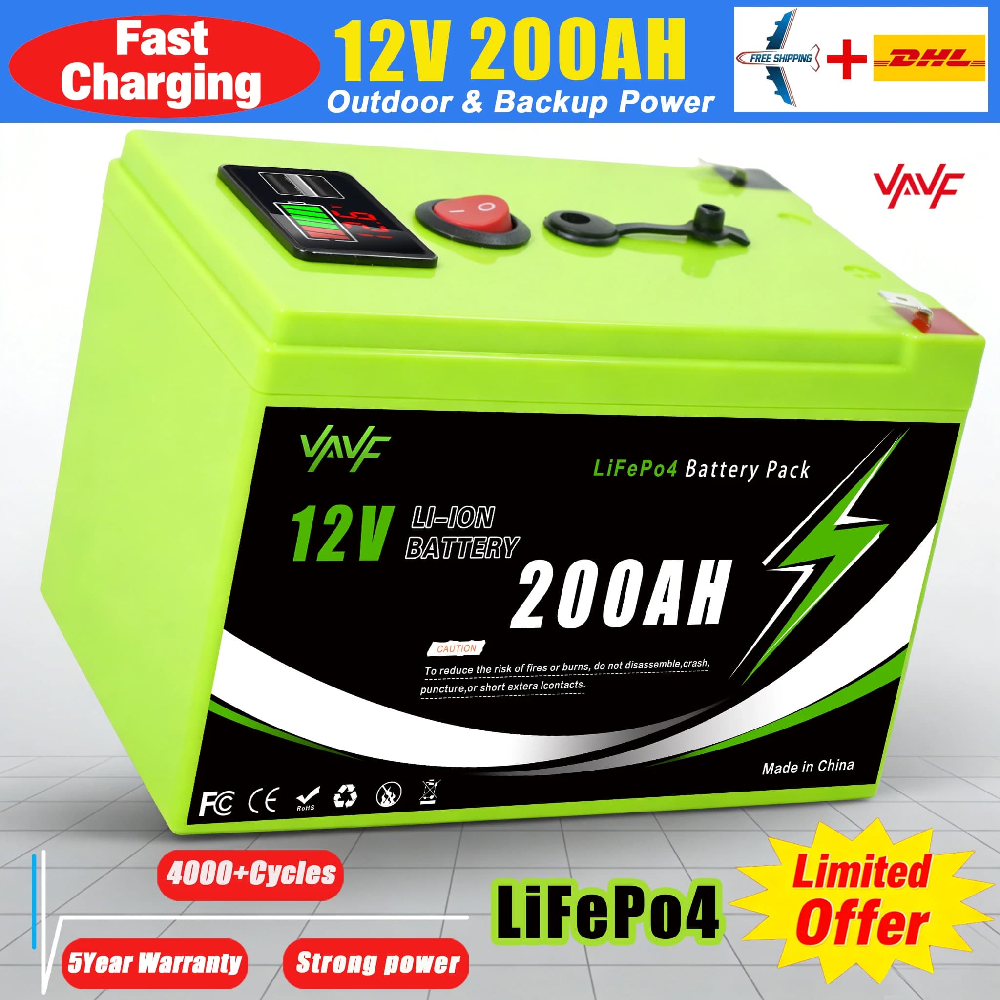 Batería de litio 🛵 Batería solar LiFePO4 de 12V200Ah con sistema de gestión avanzado 🤾   (BMS) para energía de respaldo de batería solar y