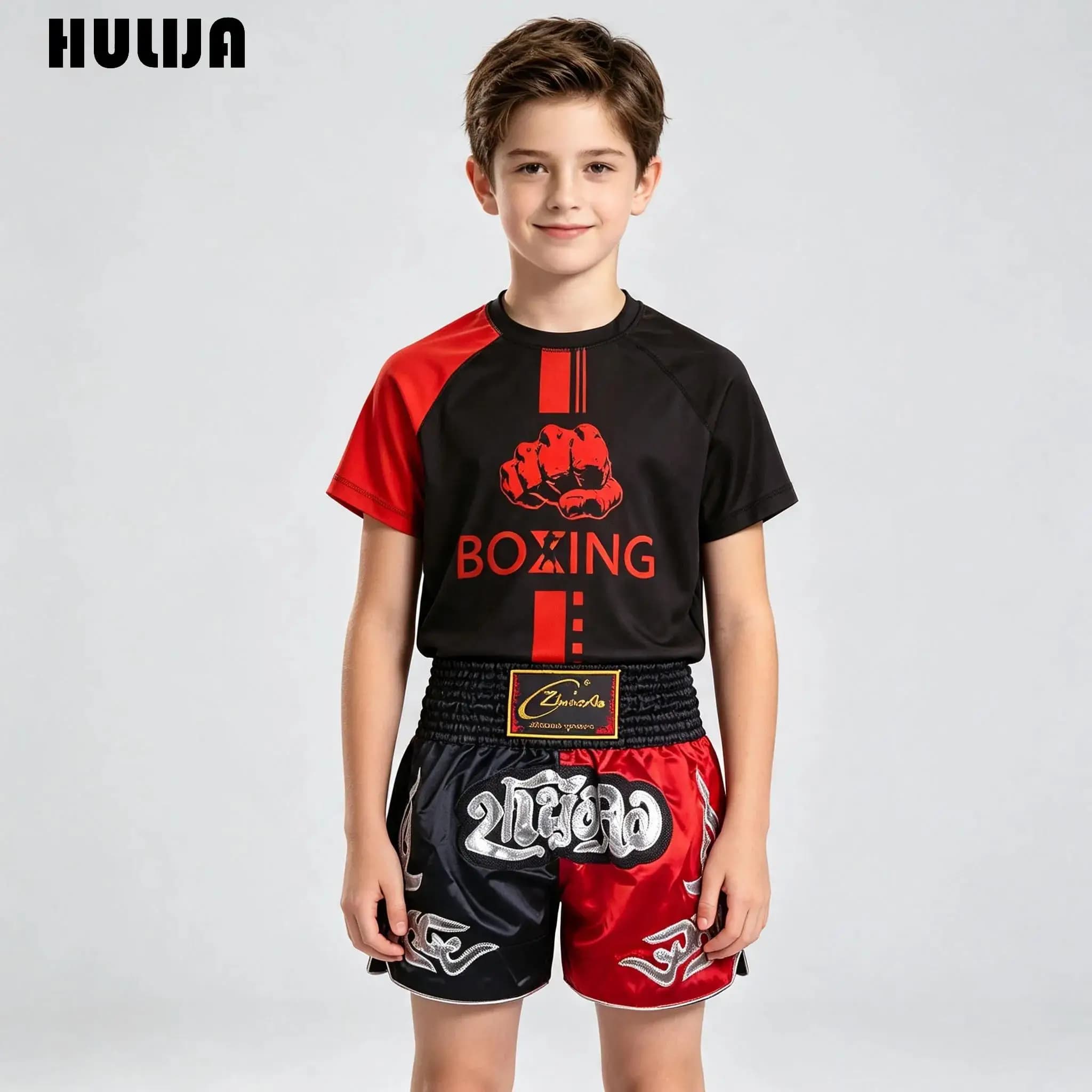 Conjunto de entrenamiento y competición de artes marciales para niños: camiseta deportiva con pantalones cortos de Muay Thai para boxeo, MMA y