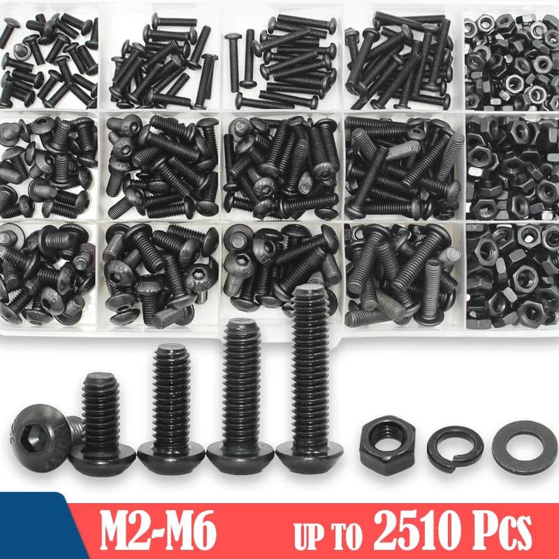 Kit de tornillos hexagonales redondos 2510p M2 M2.5 M3 M4 M5 M6 negros, grado 10.9, con cabeza de botón y accionamiento Allen, tornillos, pernos,
