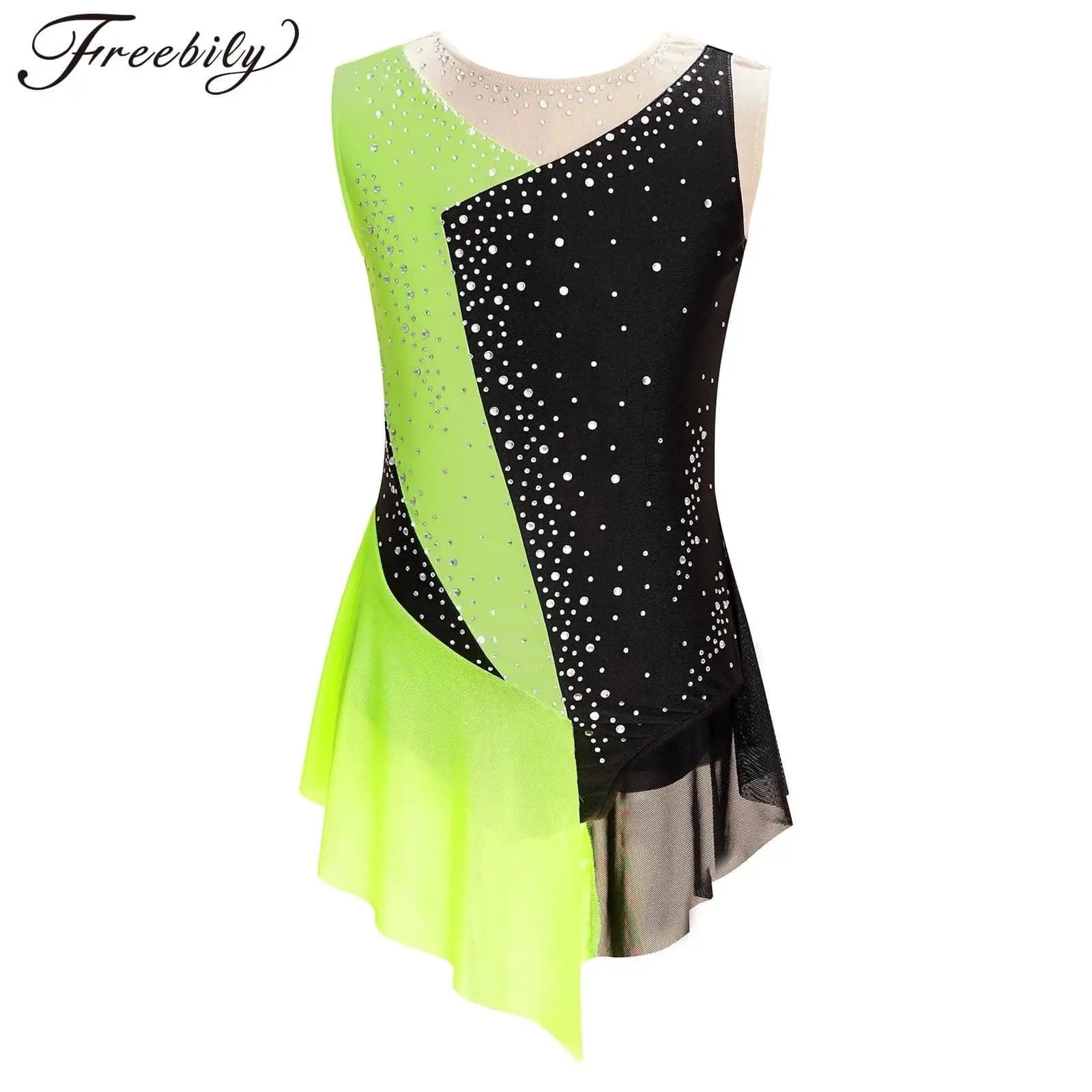 Vestido de leotardo de patinaje artístico para niñas, traje sin mangas de malla transparente con diamantes de imitación brillantes para Ballet,
