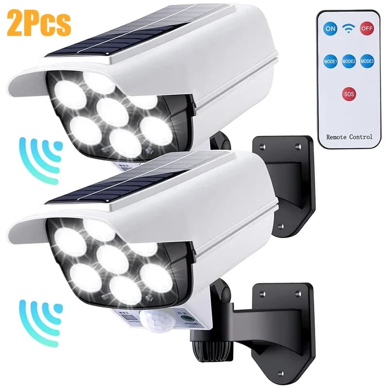 Paquete de 1-2 luces LED con Sensor de movimiento Solar 77LED, cámara simulada para exteriores, luz de inundación de seguridad inalámbrica,