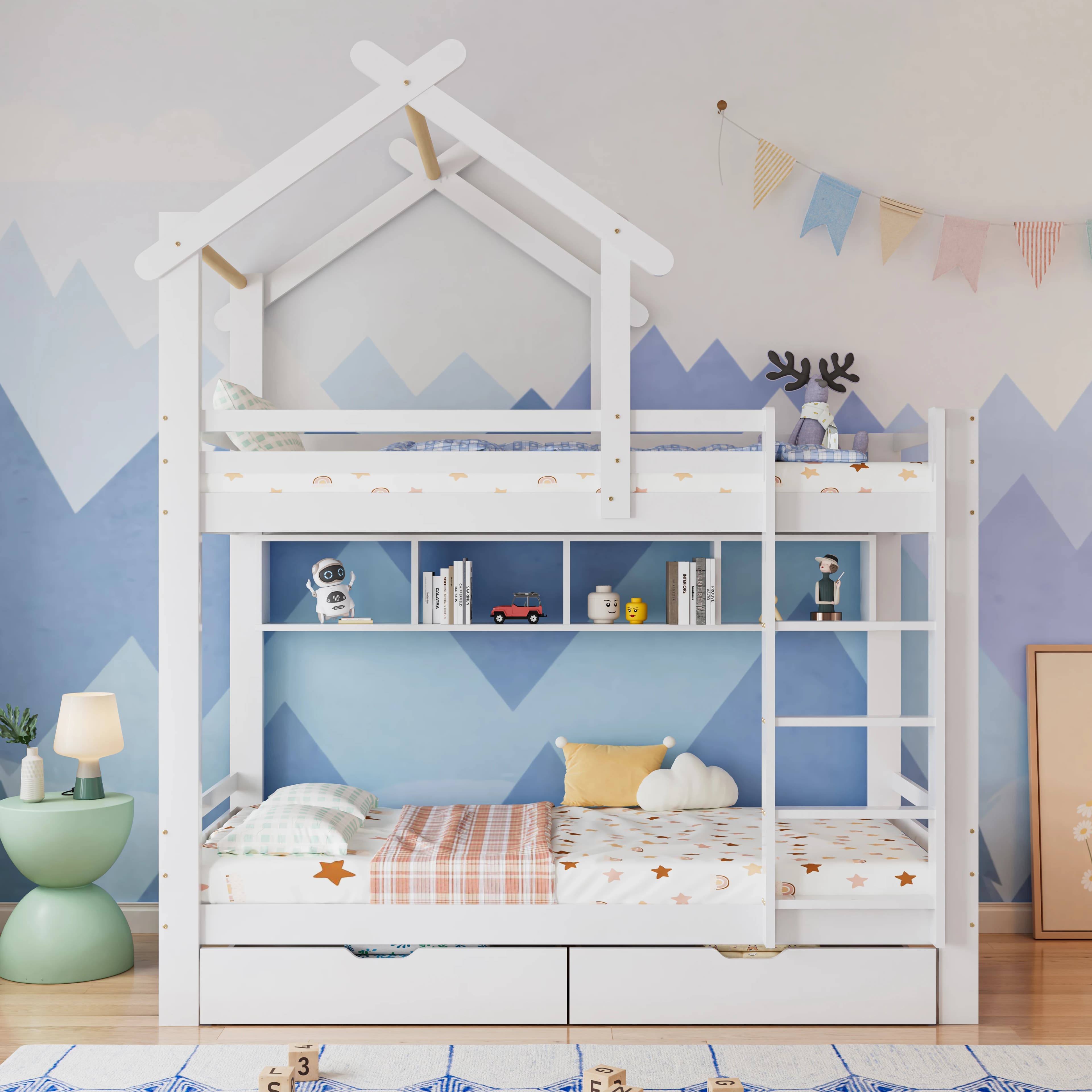 Cama litera con cajones y estantes, cama en forma de casa con escalera recta de tres peldaños (90x200cm), cama infantil blanca