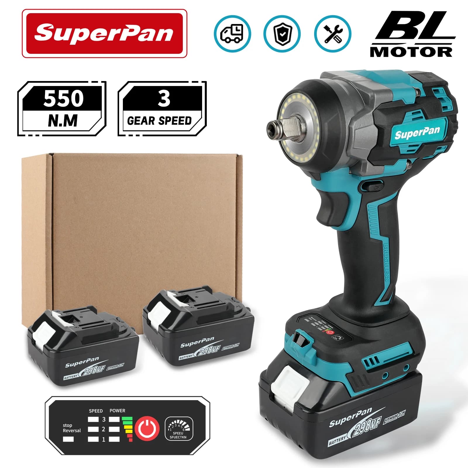 Llave de impacto eléctrica sin escobillas Superpan 550N.M, llave eléctrica inalámbrica, herramienta para neumáticos de coche, herramienta