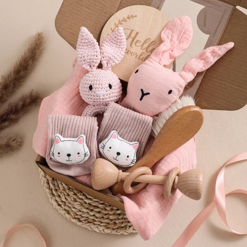 Let's Make-Juego de juguetes de baño para bebé, mantas de algodón de doble cara, sonajero de ganchillo, anillo de madera, mordedor infantil,