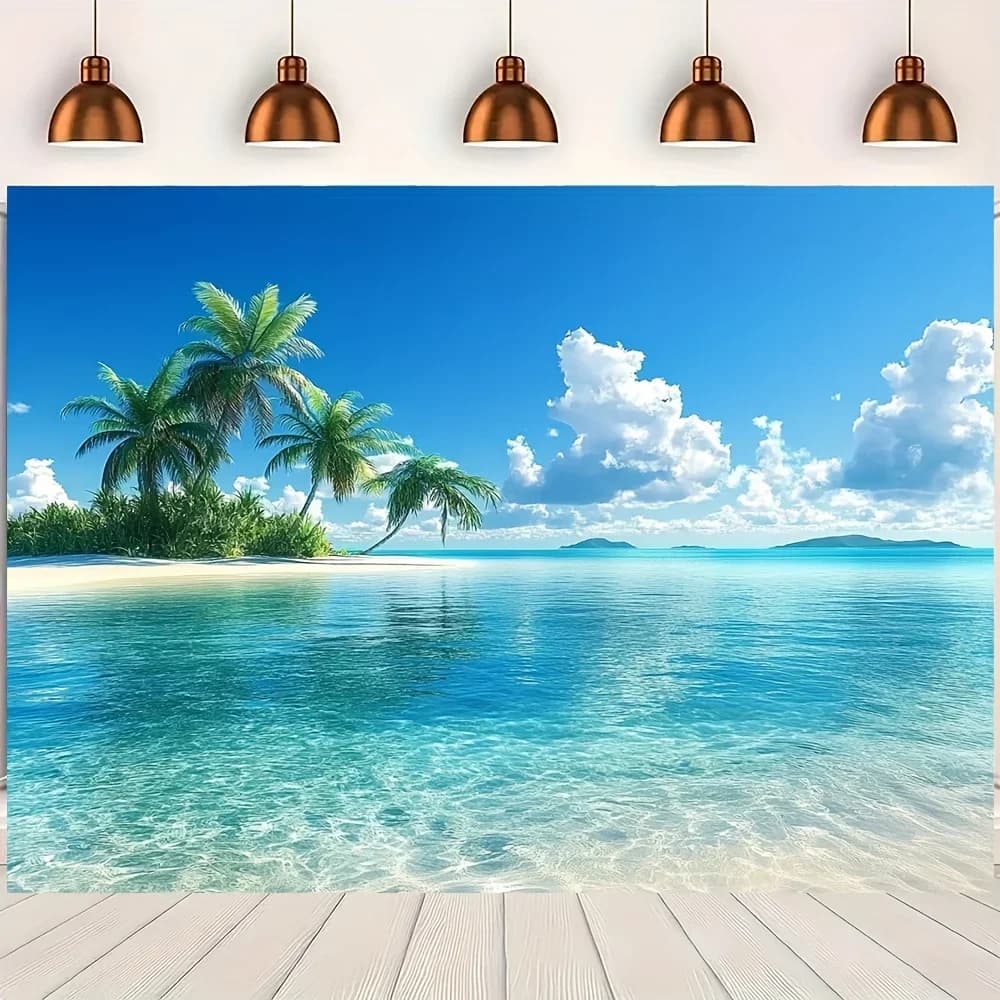 1 fondo de playa tropical, playa romántica con fondo de árbol de coco, estilo costero, perfecto para decoración interior/exterior