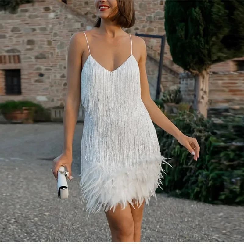 2025 nuevo Sexy borla lentejuelas pluma Mini vestido mujeres Spaghetti Strap costura vestidos mujer elegante vestido de fiesta de noche Club
