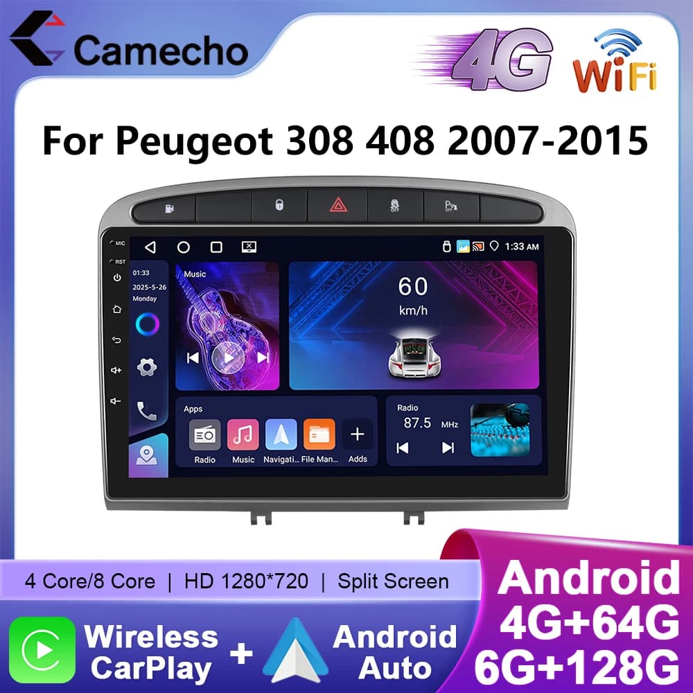 Camecho inalámbrico Carplay Android Auto Radio para Peugeot 308 408 2007-2015 sistema inteligente de coche 6 + 128G 4G WIFI GPS estéreo de coche