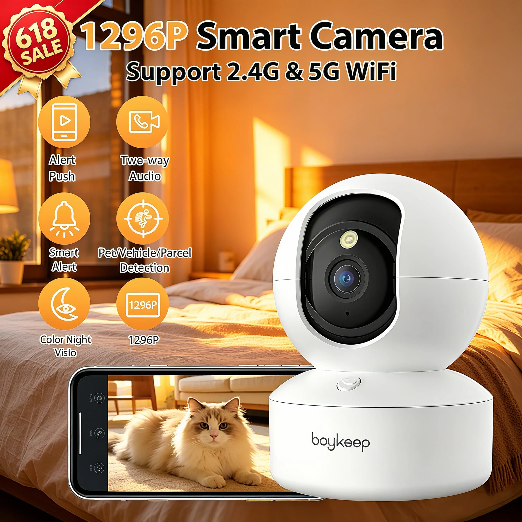 BoyKeep Cámara inteligente 2K Protección de seguridad Vigilancia Wifi 5G/2.4GHz Visión nocturna interior para bebés 360 °   Audio bidireccional