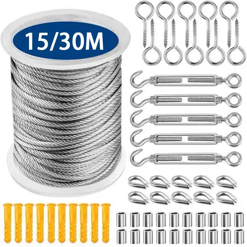 Kits de cuerdas de Cable de acero inoxidable de 15/30m, Cable de jardín resistente, barandilla para balcón, valla de granja, rollo de tienda 304