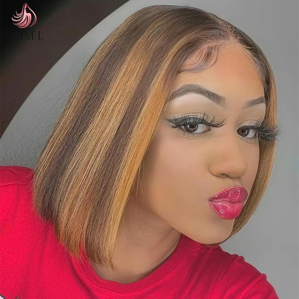 SIMMEL-peluca con cierre de encaje ombré 4x4, pelucas de cabello humano de colores destacados, pelucas Bob marrones, cabello liso Remy de 180 de