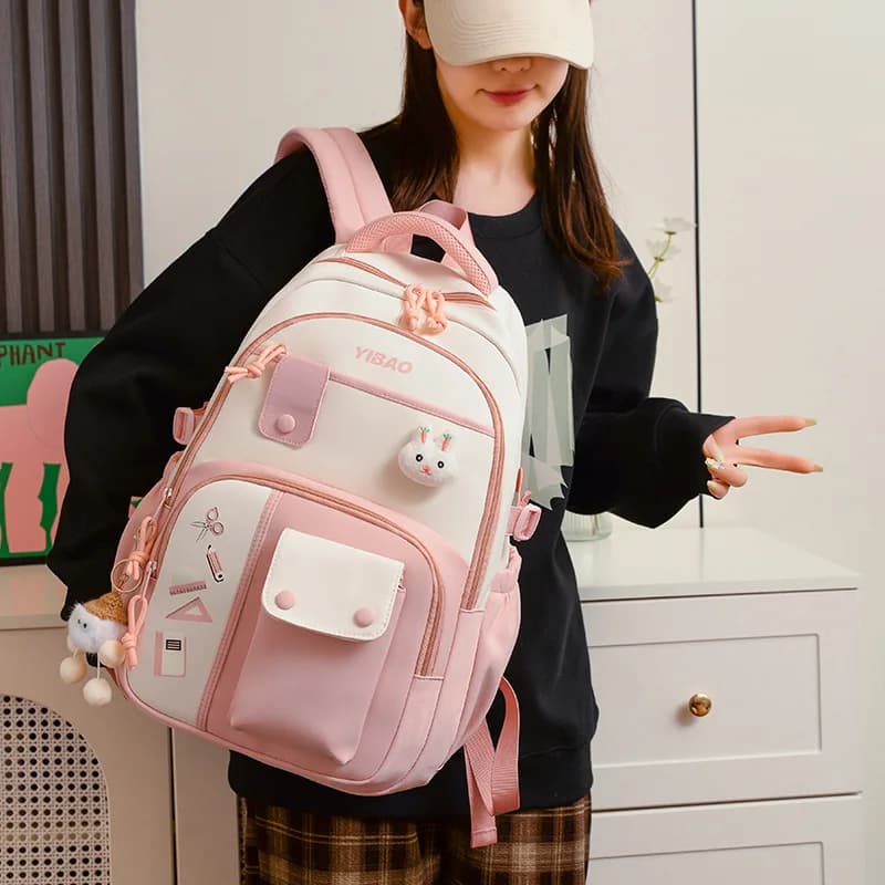 Mochila escolar con bonito conejo para niñas adolescentes, mochila fresca con contraste de color empalmado a la moda para mujer, mochilas escolares