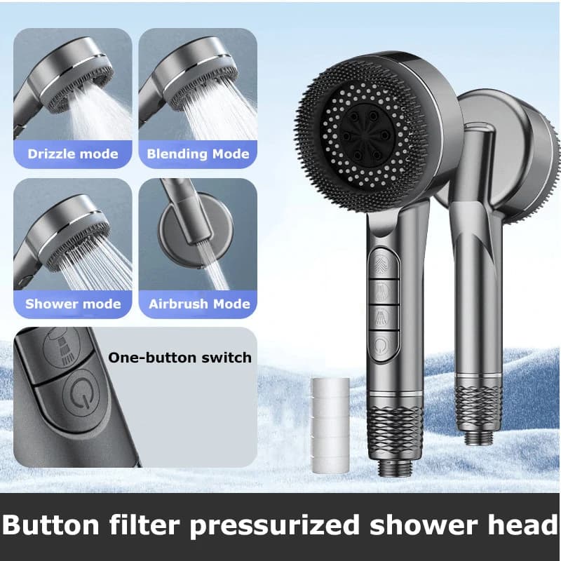 Cabezal de ducha supercargado filtrado con ajuste de cuatro velocidades, accesorios multifuncionales para el baño y la ducha del hogar, 1 ud.