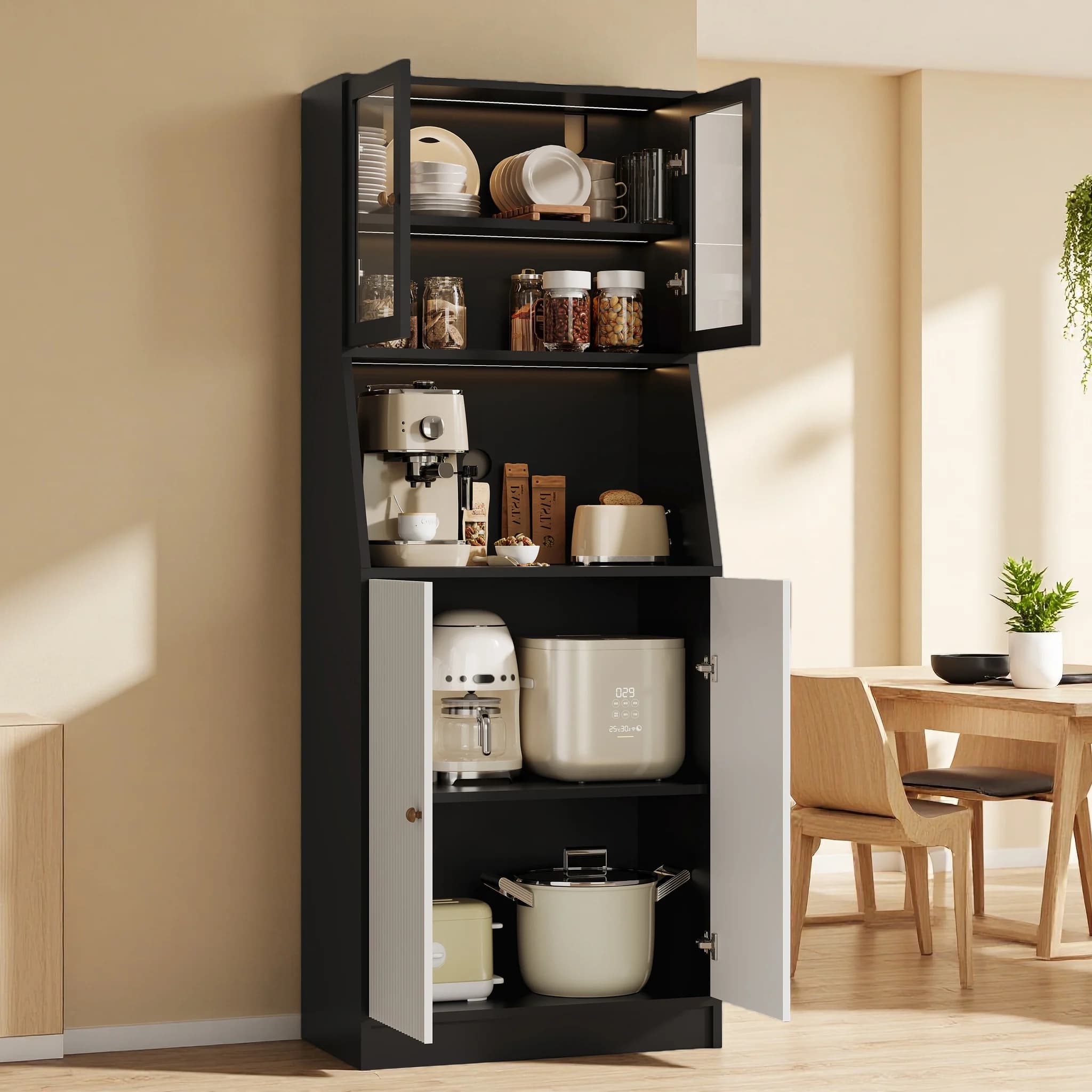 Comanlai Moderno Armario Alto de Cocina con Luces LED RGB, Puertas Superiores de Vidrio Templado y Puertas Inferiores Acanaladas, Aparador