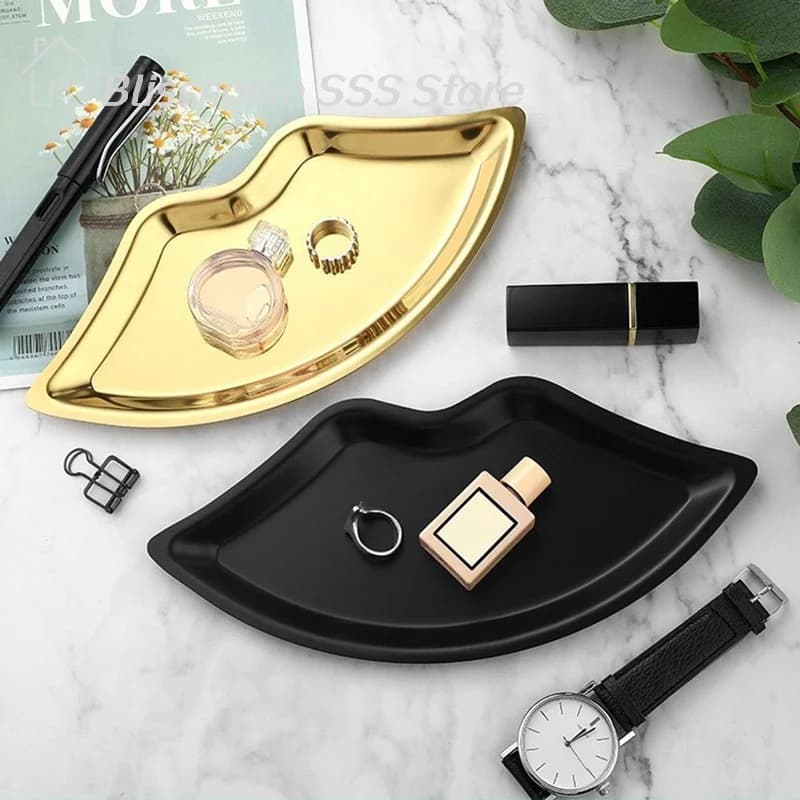 【S】Bandeja de joyería con forma de labios, bandeja de metal de acero inoxidable, bandeja de almacenamiento de joyería para mujer, bandeja