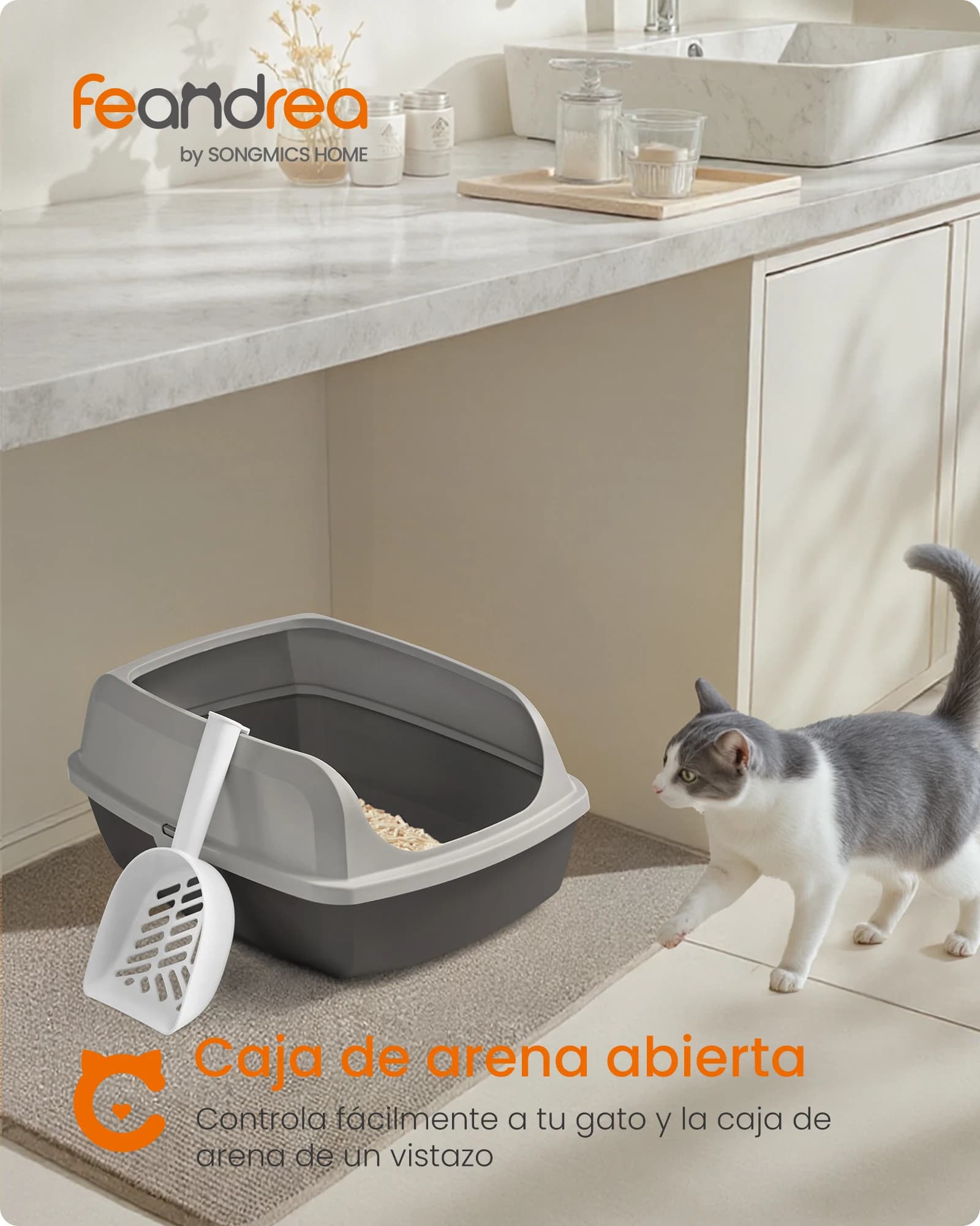 Feandrea Caja Arenero con Bordes Altos, Tamaño XL, Abierta, con Pala, para Gatitos y Gatos Grandes, Gris Pizarra/para Gatitos y Gatos Grandes, Beige
