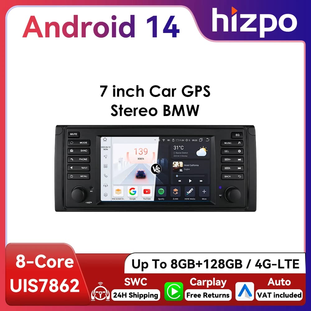 HiZPO 7 pulgadas Android13 Android Radio de coche para BMW 5 Series E39 1996 M5 2000 X5 E53 Multimedia GPS Navi RDS DSP BT 4G CarPlay SWC