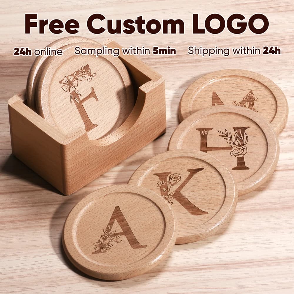 Posavasos 6 unids/set logotipo personalizado gratis manteles individuales de madera de nogal posavasos decorativos redondos aislados para bebidas
