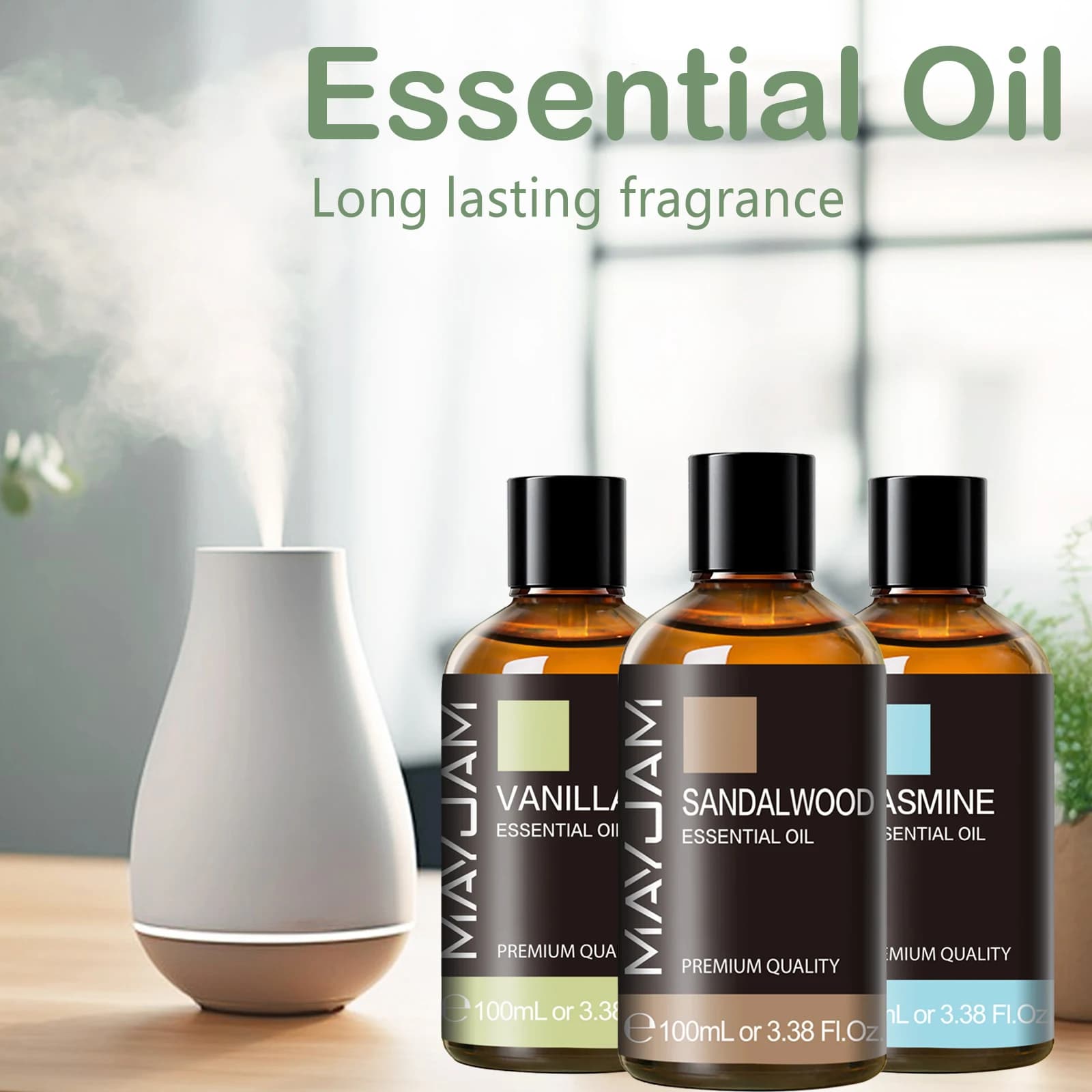 MAYJAM Aceites Esenciales Puros de 100 ml para Difusores, Aromaterapia y Fabricación de Velas, Aceites Aromáticos de Vainilla, Citronela, Jazmín,