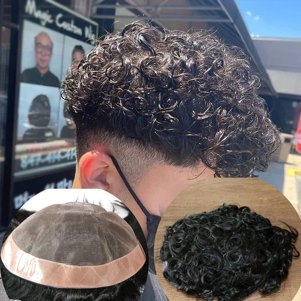 Pelucas de Cabello Humano para Hombre, Super Resistentes, Mono 20MM, Rizadas, Prótesis Capilares, Sistema de Reemplazo de Cabello para Hombre