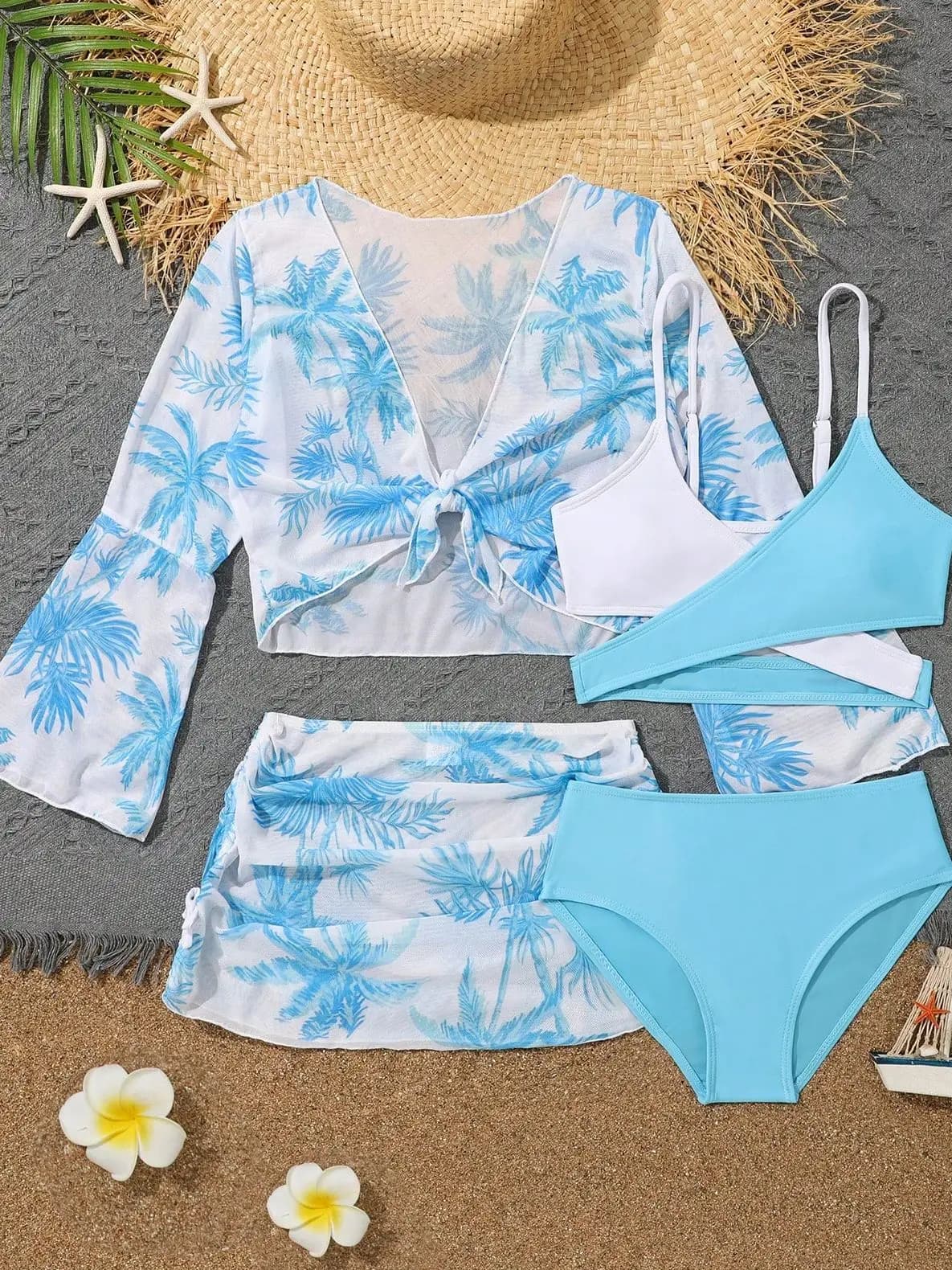 Conjunto de Bikini de 4 Piezas con Top y Falda 2026, Traje de Baño para Niñas, Traje de Baño de Cintura Alta para Niños, Ropa de Baño para