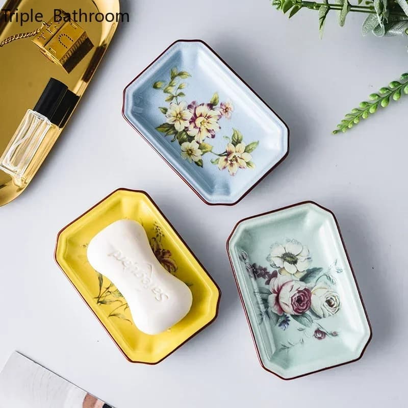 Jabonera de cerámica con patrón de flores europeas, cajas de embalaje de jabón, suministros de almacenamiento para el hogar y el baño, suministros