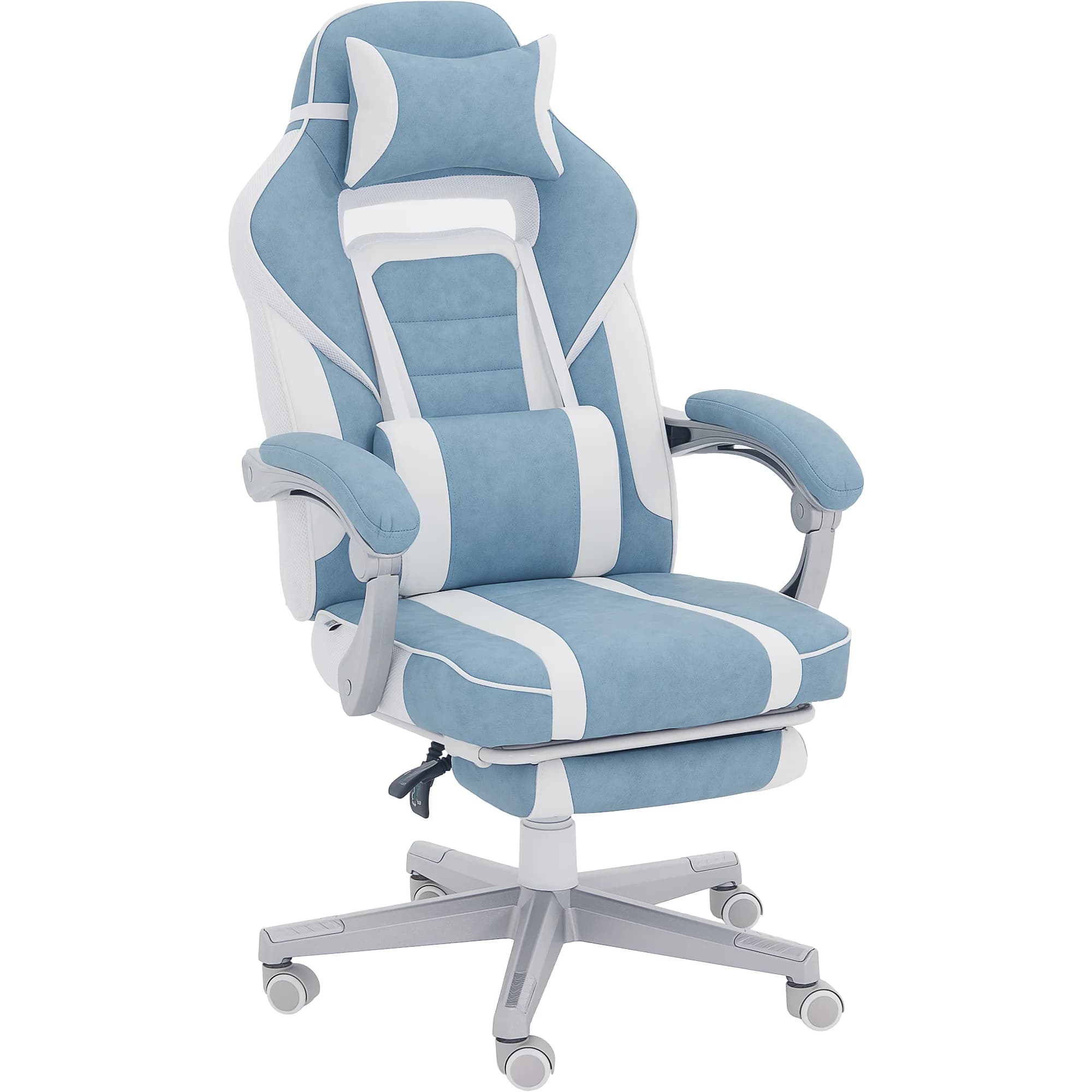 Silla de juego reclinable con altura ajustable, reposapiés retráctil, soporte lumbar y reposacabezas desmontable, azul