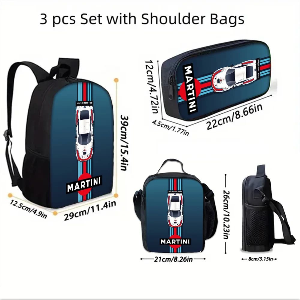 Mochila escolar para niños Racing M-MartiniS S-StripeS con bolsas para el almuerzo, bolsas para lápices, mochilas escolares para niños y niñas, el
