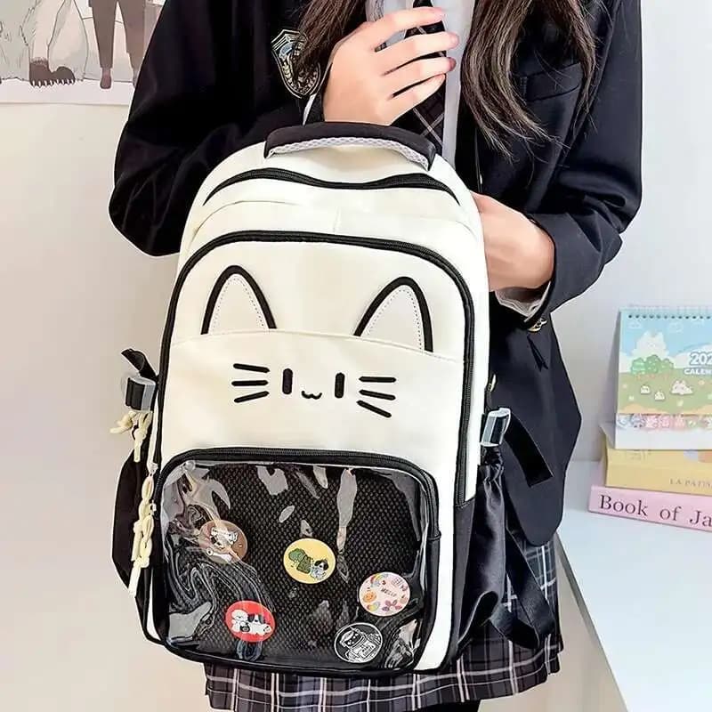 Mochilas Y2K con bonito gato Ita, mochila informal de gran capacidad para chica, mochila transparente con pantalla DIY, mochilas escolares de viaje a