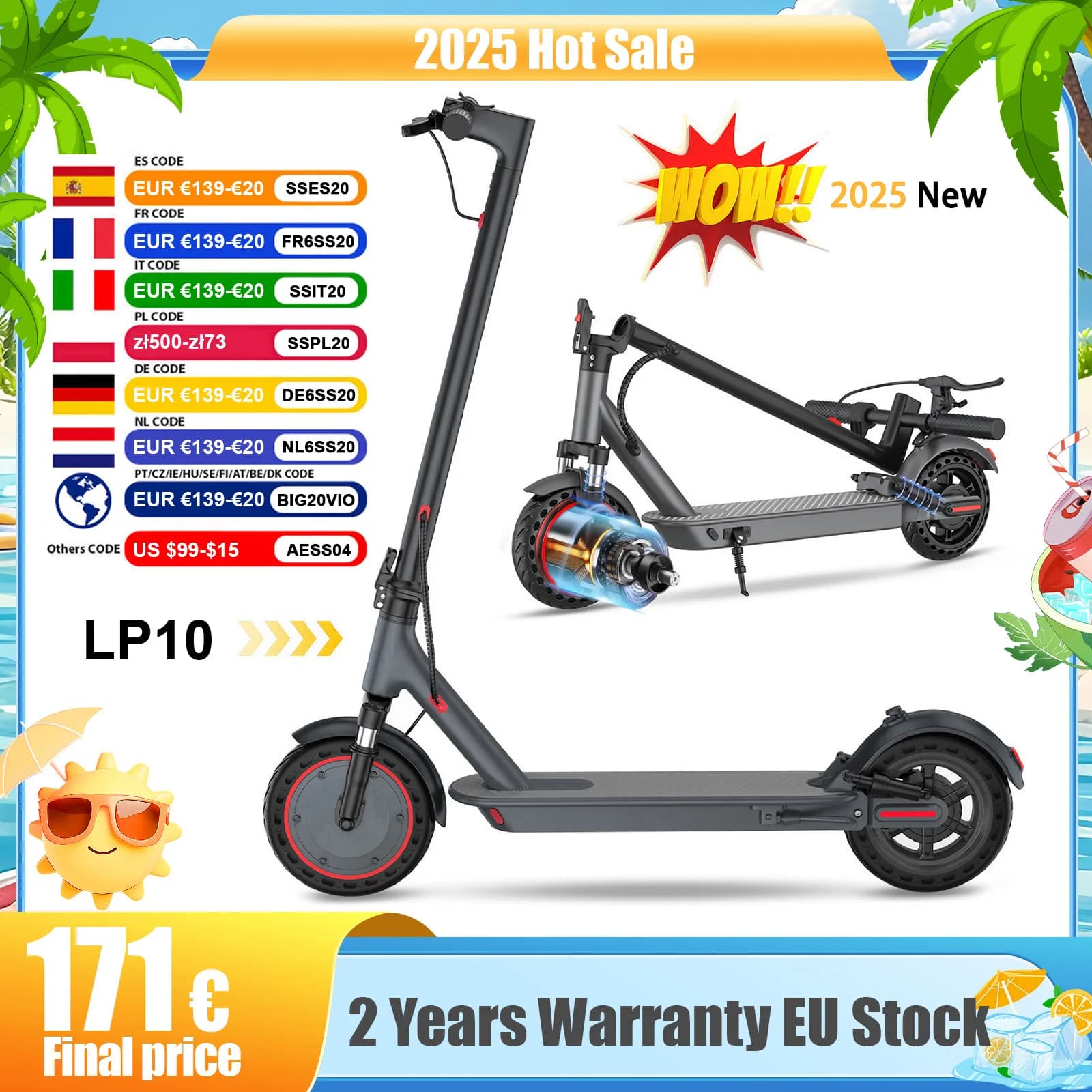 Patinete eléctrico AOVOPRO LP10 con doble absorción de impacto, 35KM, 10 pulgadas, 35 KM/H, Control de crucero de velocidad superior, patinete