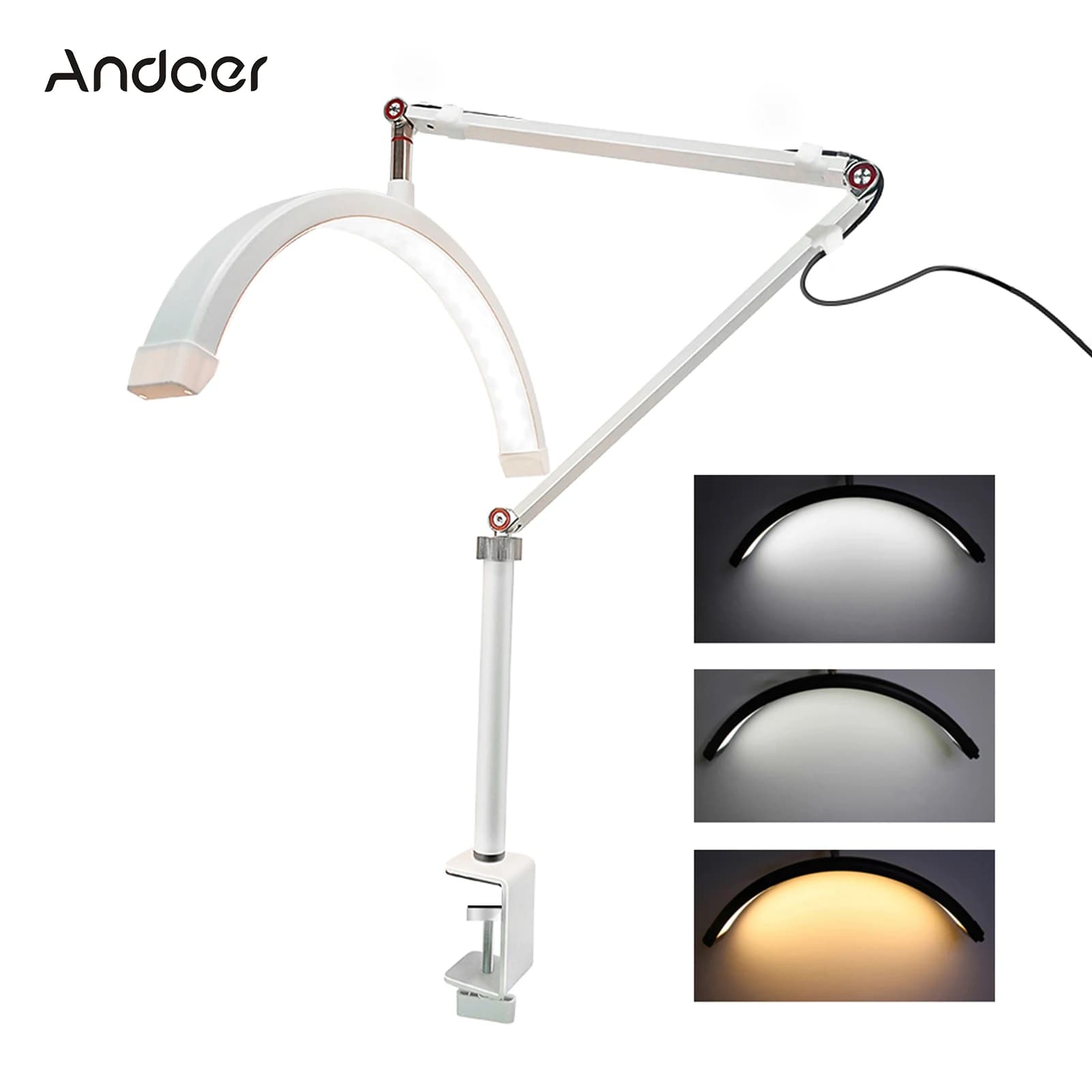 Andoer HD-M3X luz LED para vídeo anillo de luz de escritorio en forma de media luna 3000K-6000K regulable para salón de belleza maquillaje