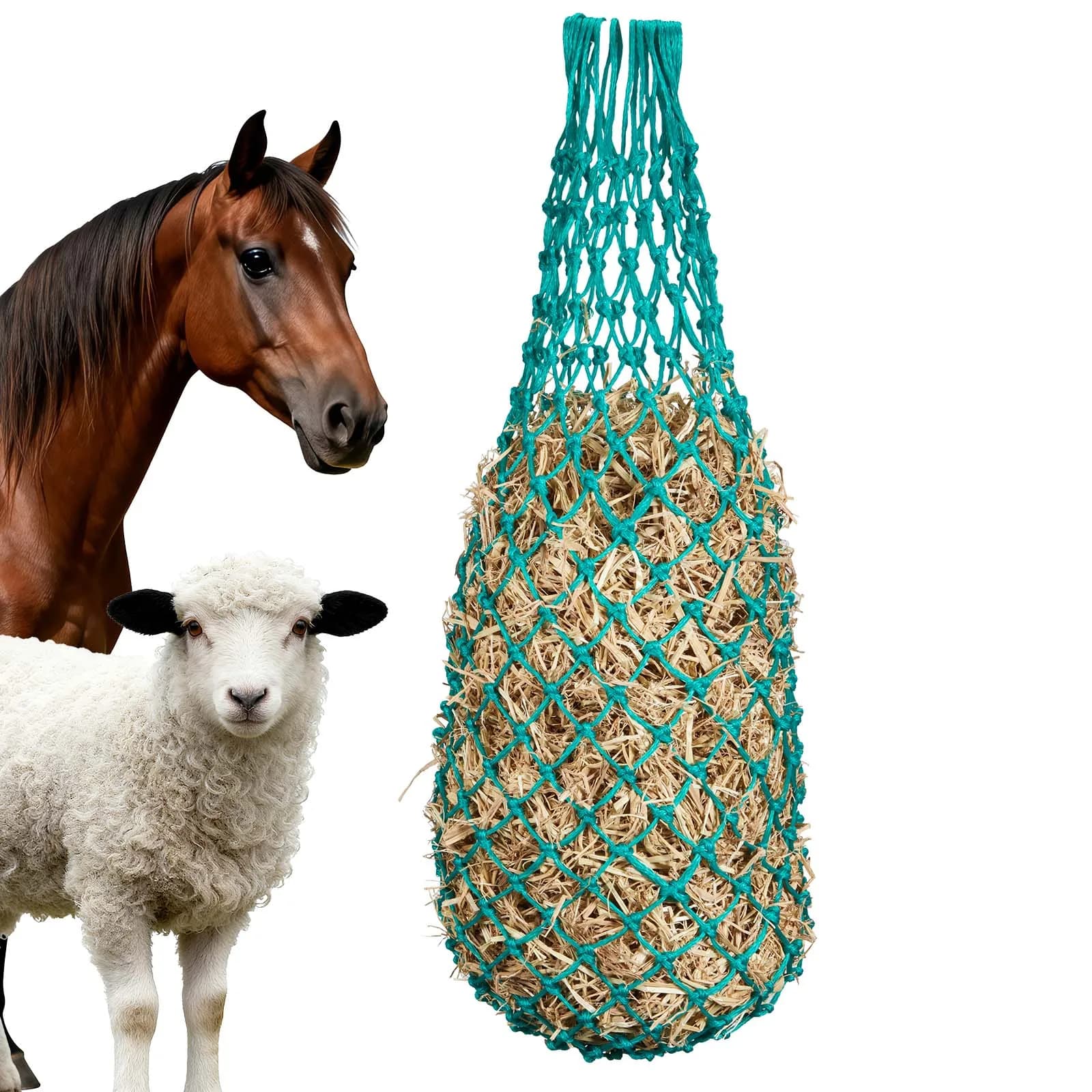 SucceBuy Redes para Heno para Caballos, 2.95/4.92/5.91 de Longitud, Agujeros de 1.5/1.65/1.75 Pulgadas, Material PE, Cuatro Ganchos de Mosquetón,