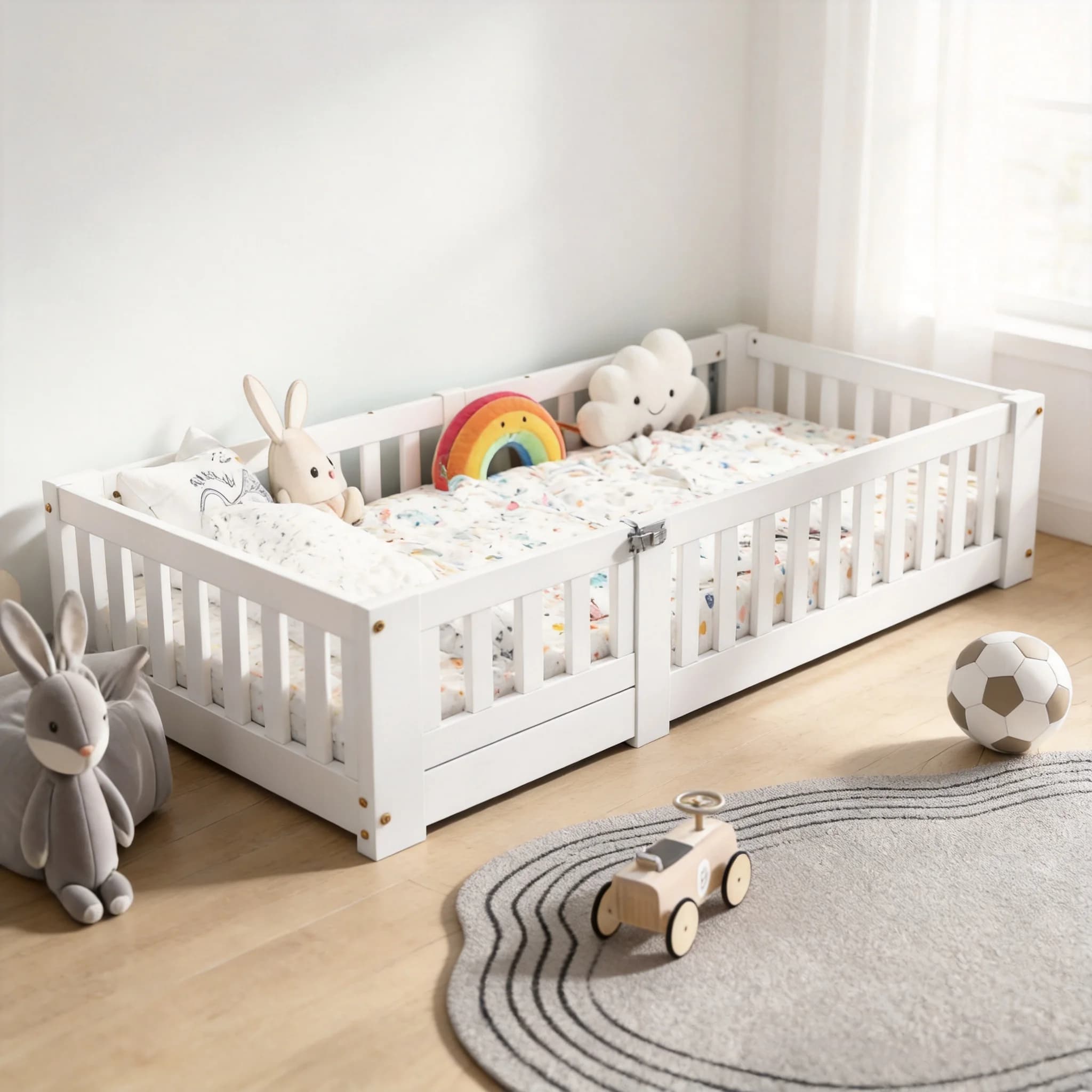 Cama Montessori para el suelo, cama infantil de madera de pino maciza con puerta desmontable y barandillas de seguridad completas, base de listones