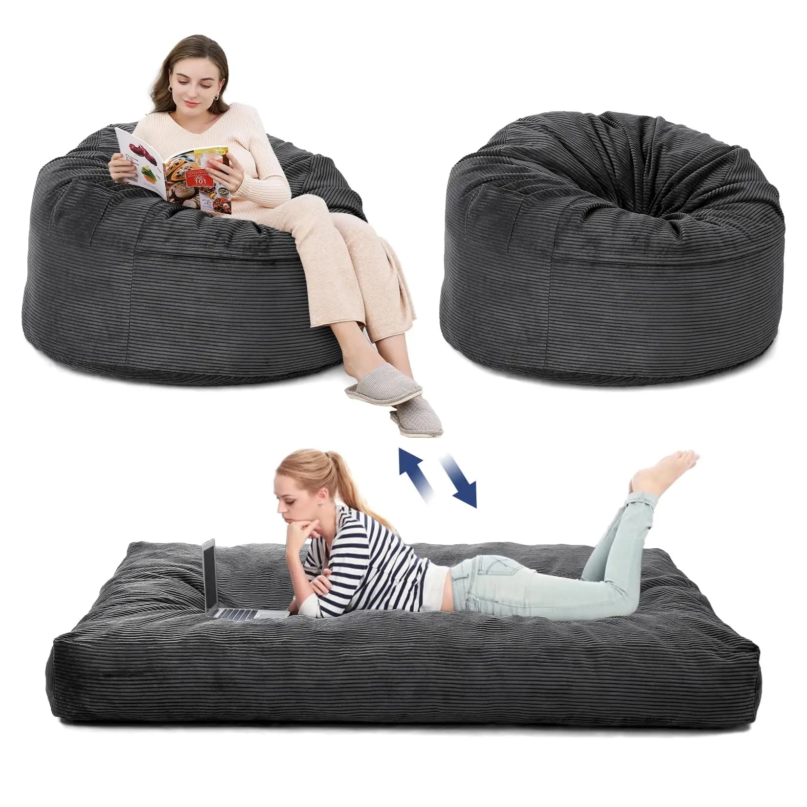 Sillón Puff Gigante para Adultos, Convertible de Sillón a Colchón de Piso, Relleno de Espuma, Grande