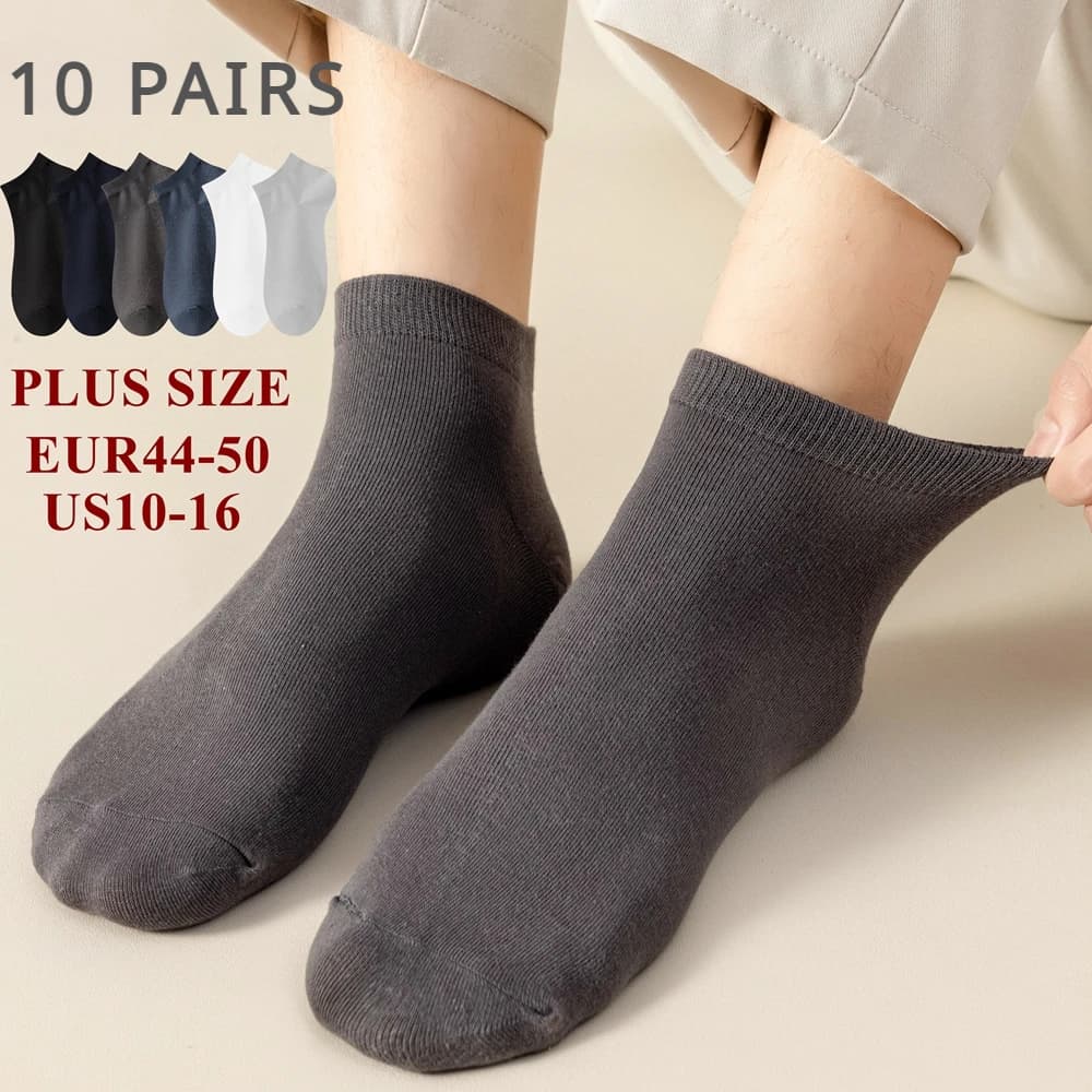 Calcetines tobilleros de algodón de corte bajo para hombre, medias deportivas de talla grande, de alta calidad, color negro y blanco, para verano, 10
