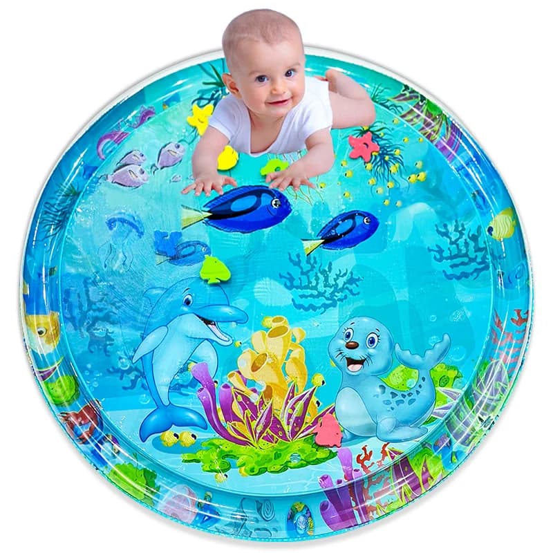 Alfombra de agua grande para jugar al bebé, 100cm, patrón de sello de delfín, alfombra de juego redonda inflable de PVC, cojín, regalo para