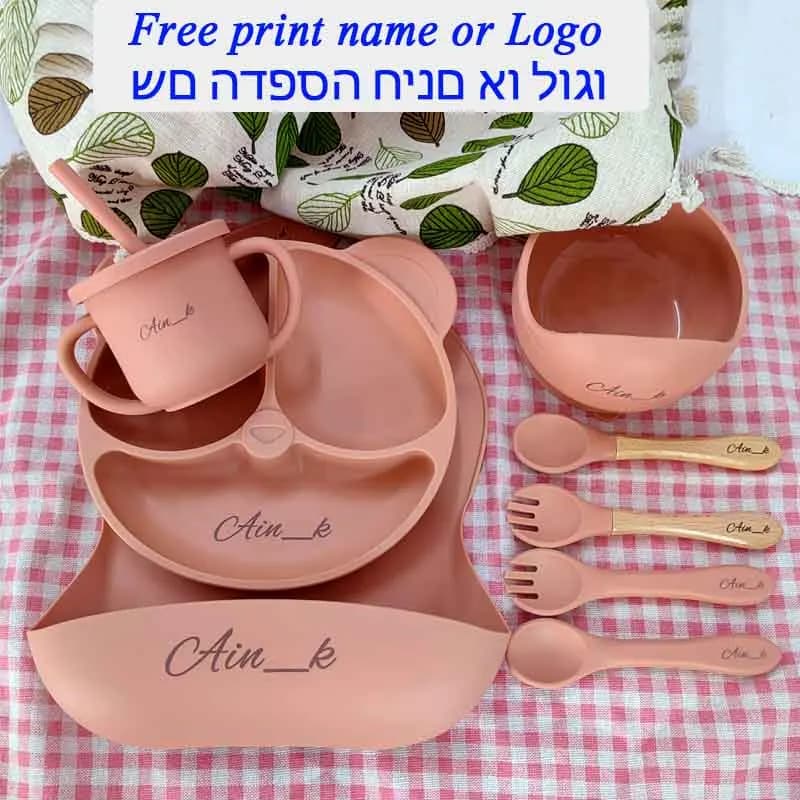 Vajilla de silicona para niños, juego de alimentación de bebé, plato de dibujos animados, nombre personalizado, taza con ventosa, plato, babero,