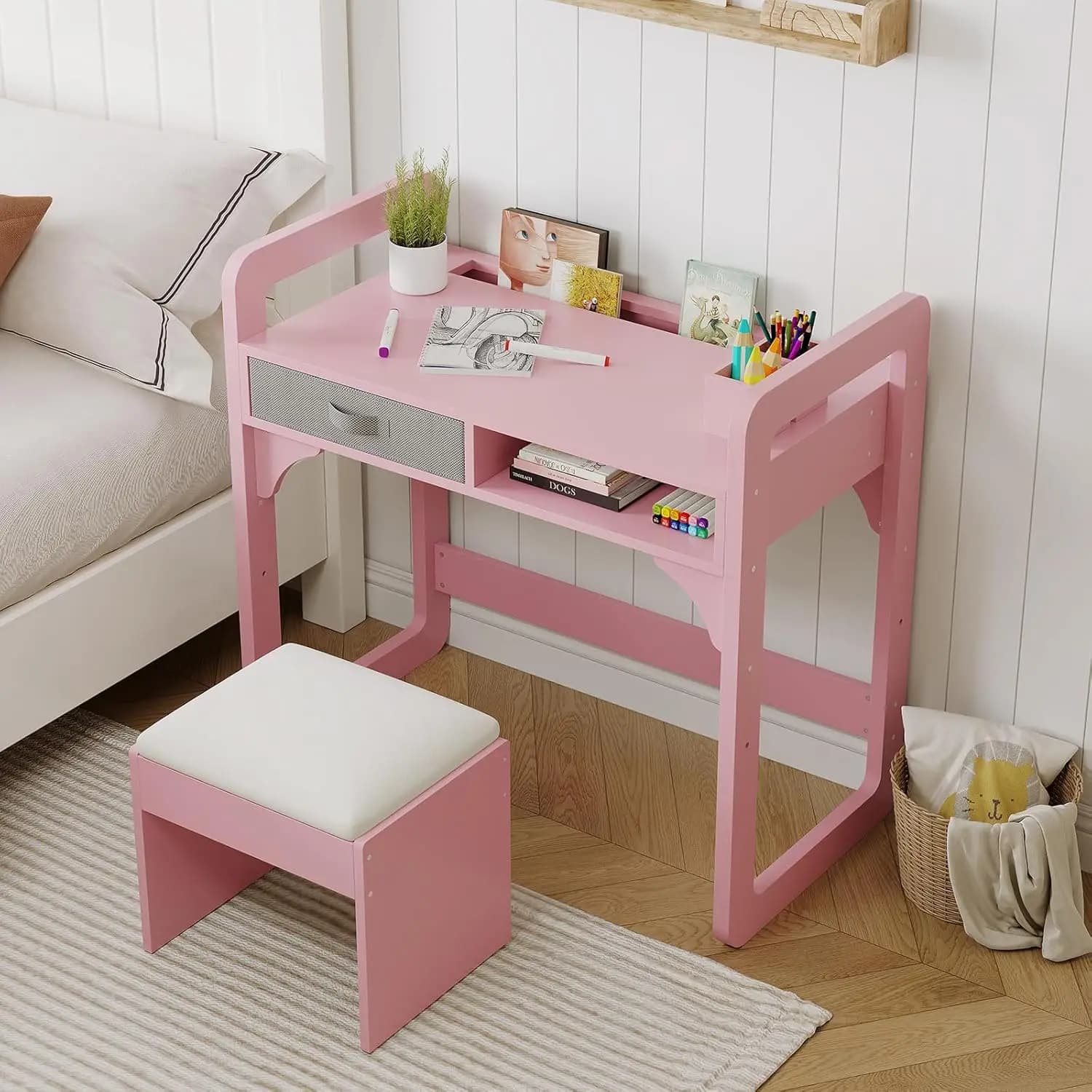 Conjunto de Silla de Escritorio Ergonómica y Mesa de Estudio Garvee: Mesa de Estudio Ajustable para Niños de 3 a 8 Años, con Cajones y Estantes en