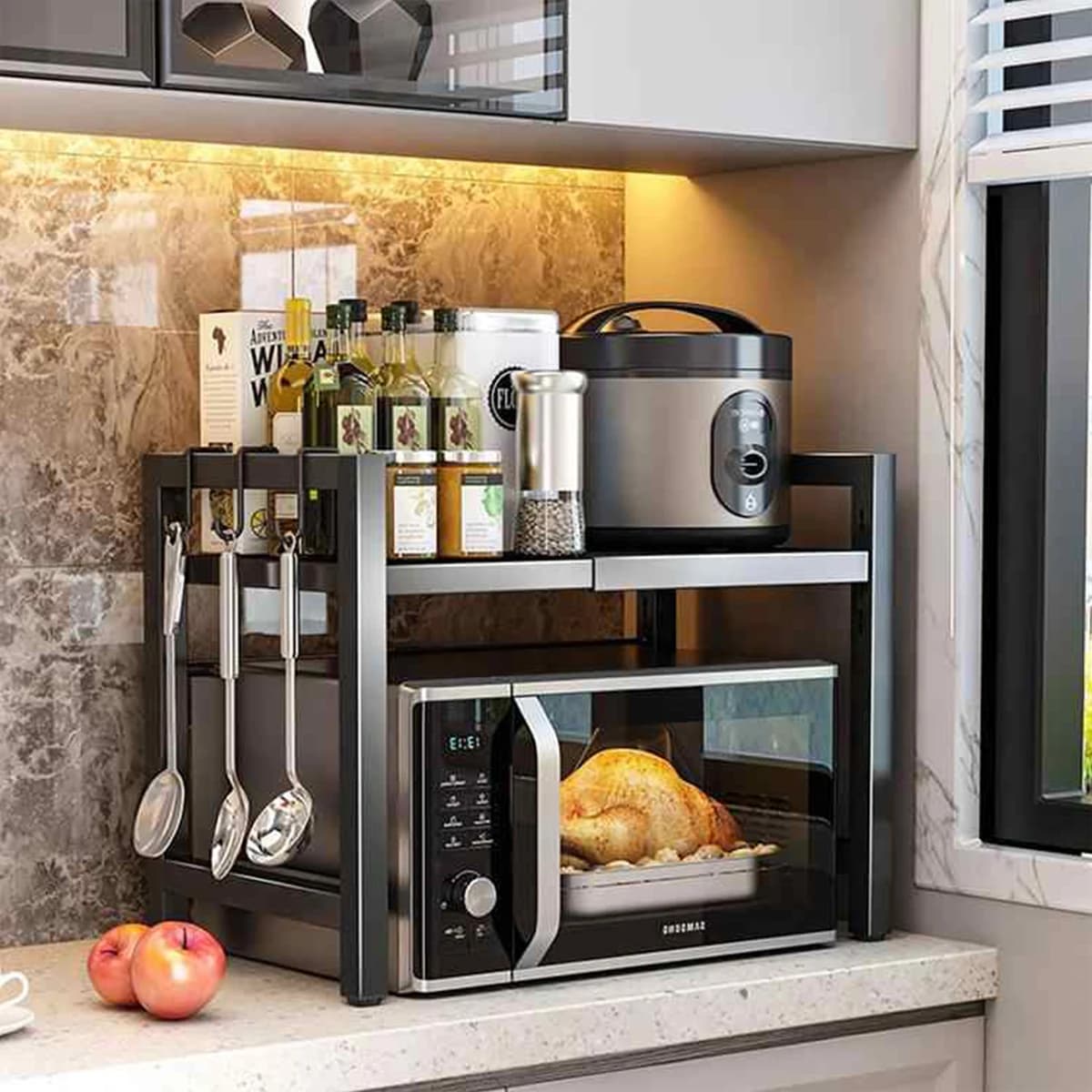 Organizador de estante para microondas expandible de 38-65cm, resistente a la humedad y al óxido, organizador de encimera para microondas de una o