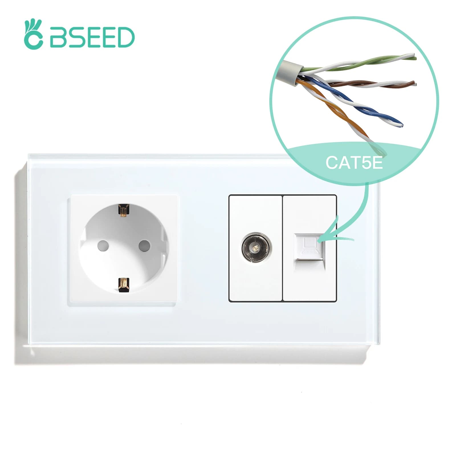 BSEED doble enchufe de pared estándar de la UE 16A 100-250V con toma de corriente de red de ordenador CAT5 salida de antena satelital 157*86mm