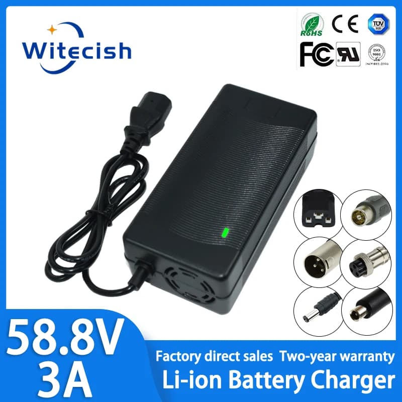 Cargador de 58,8 V 3A para batería de litio 14S 51,8 V 52 V fuerte de alta calidad con ventilador de refrigeración